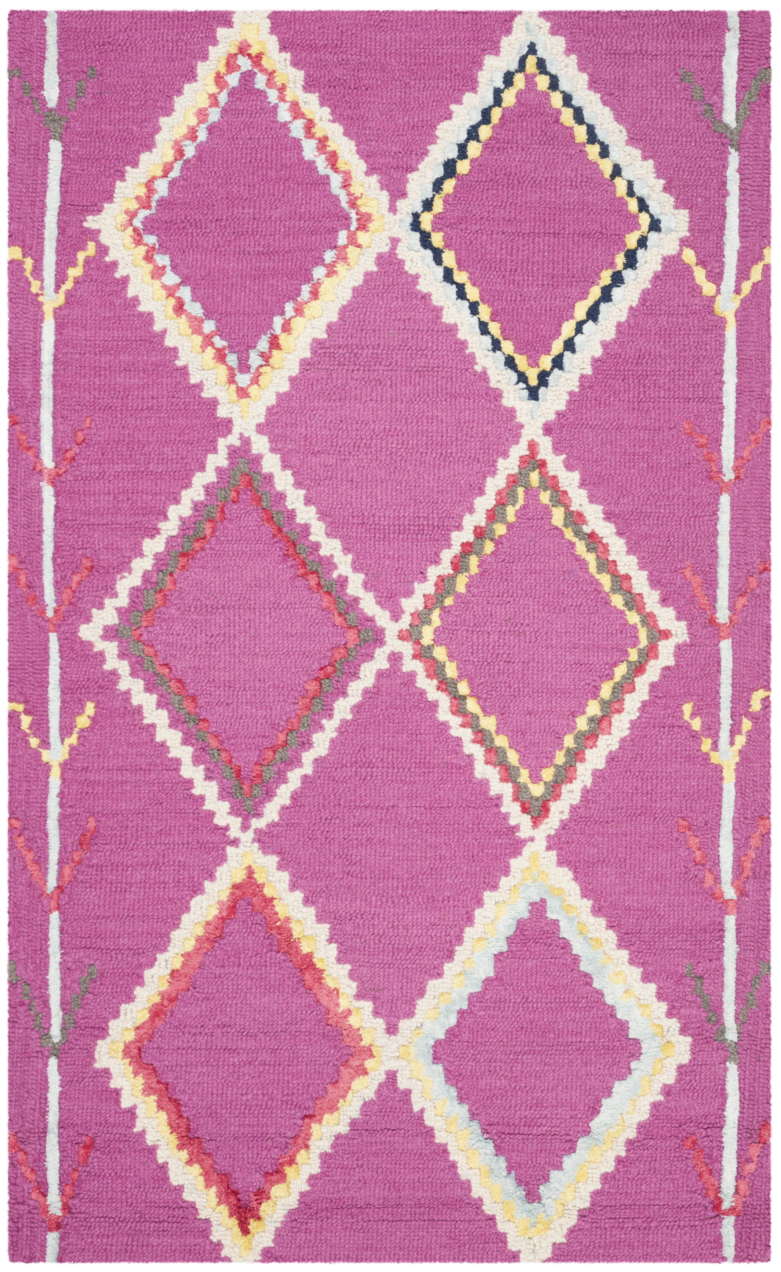 Handmade Fuchsia and Multicolor Tufted Wool Square Rug