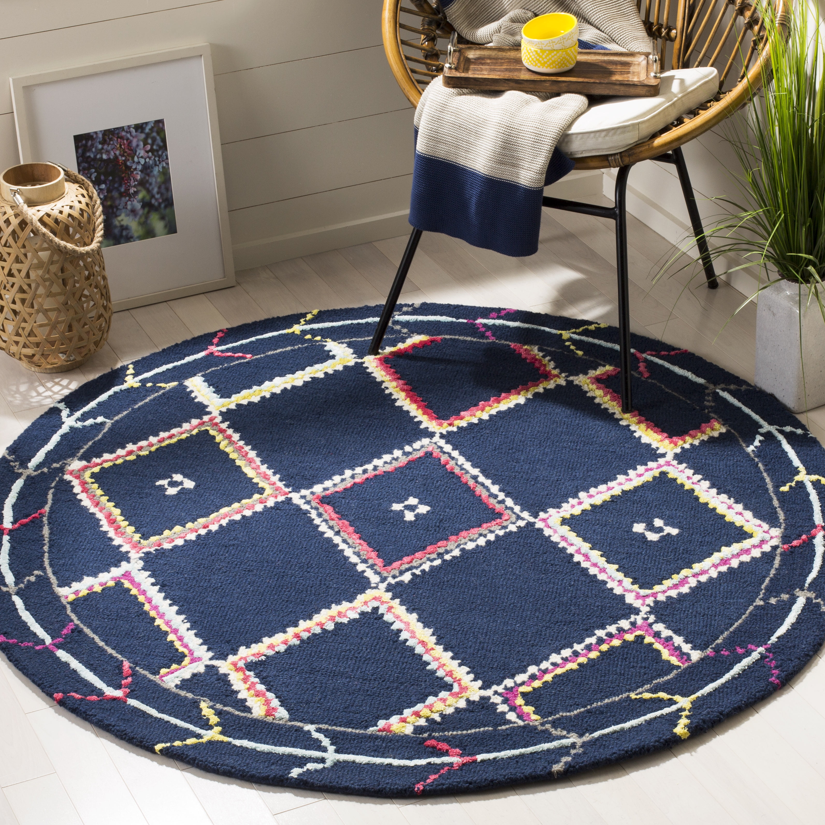 SAFAVIEH Bellagio Delicia Geometric Wool Area Rug, Navy/Multi, 5' x 5' Round