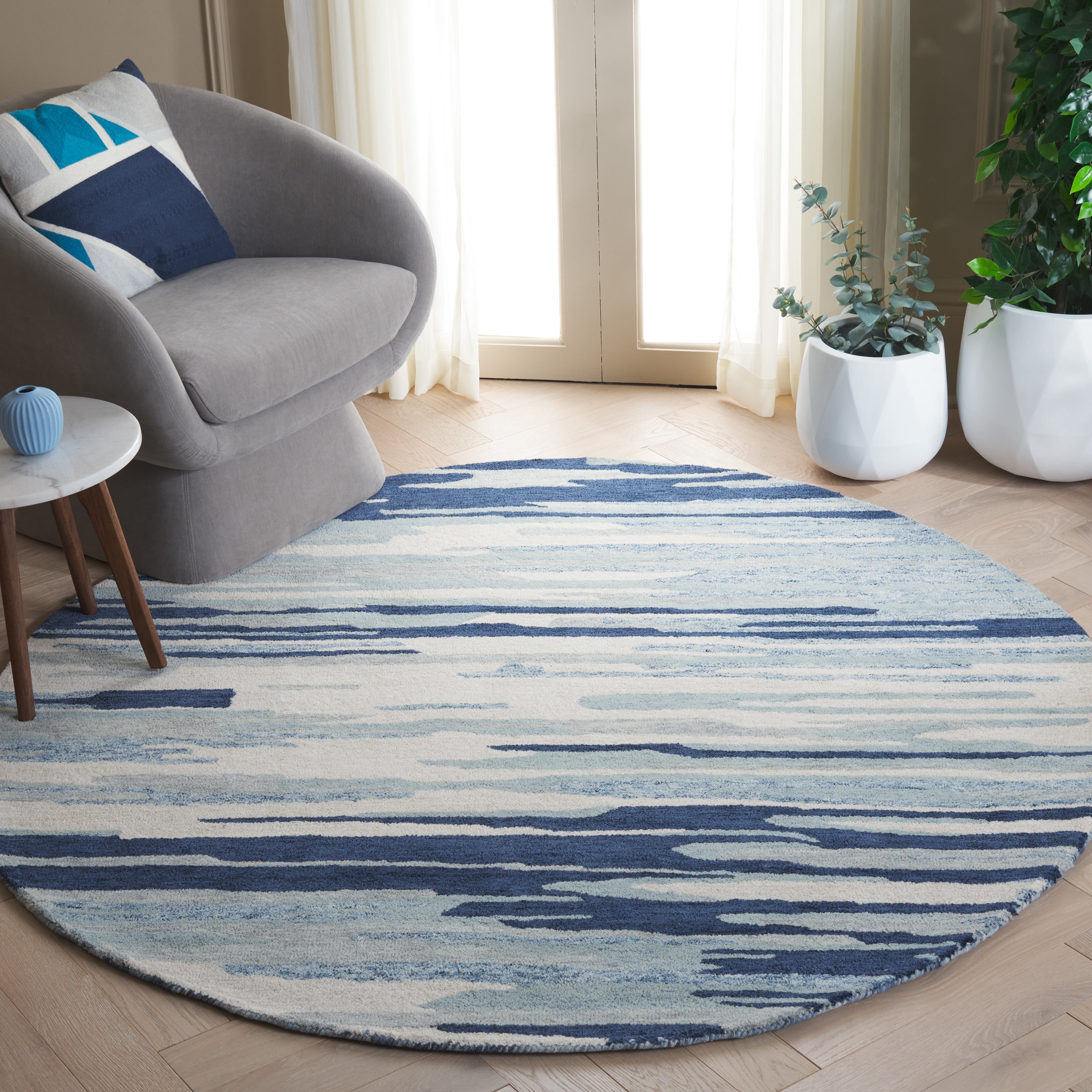 SAFAVIEH Bellagio Jannah Abstract Area Rug, Blue/Ivory, 6' x 6' Round