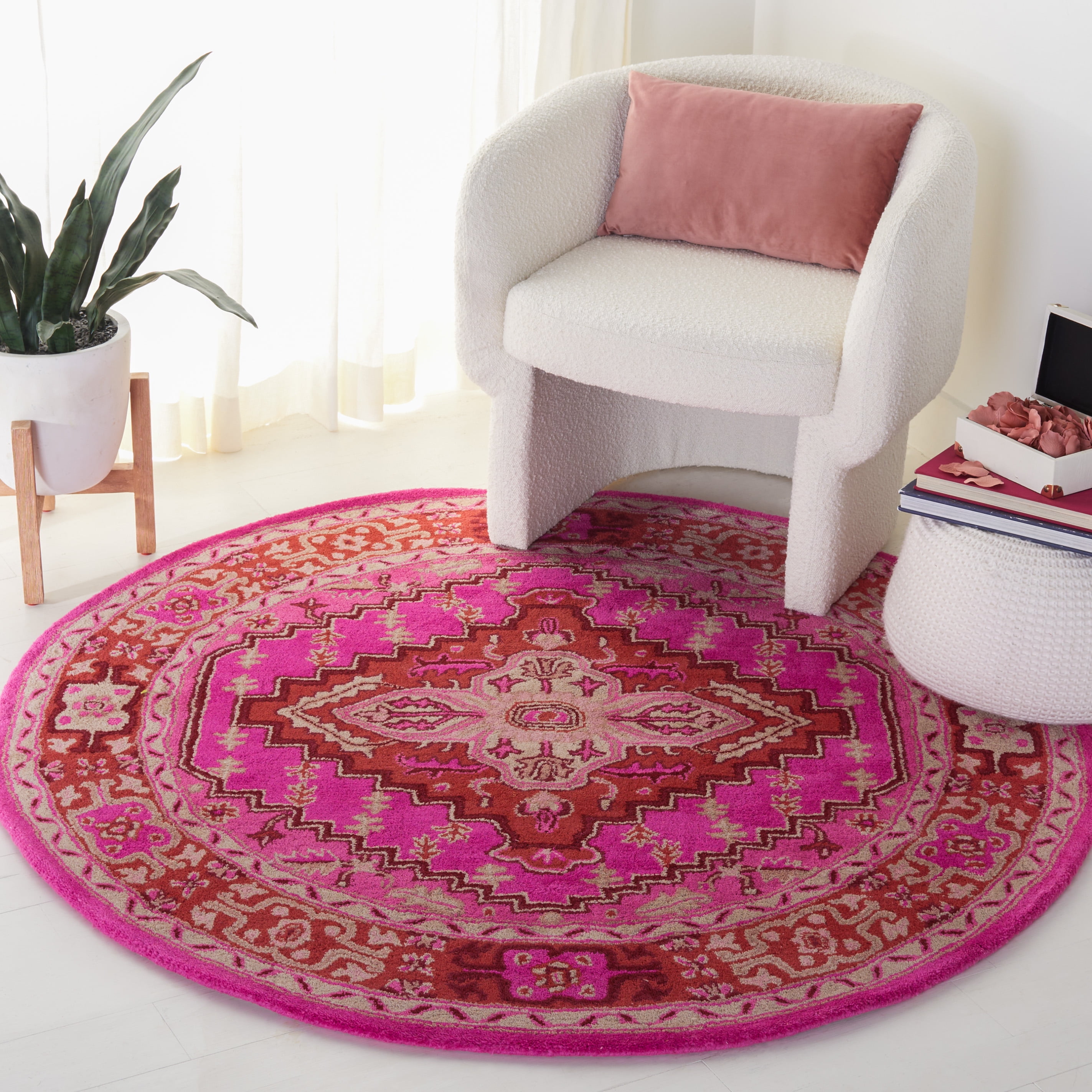 SAFAVIEH Bellagio Major Bordered Wool Area Rug, Red/Pink, 5' x 5' Round