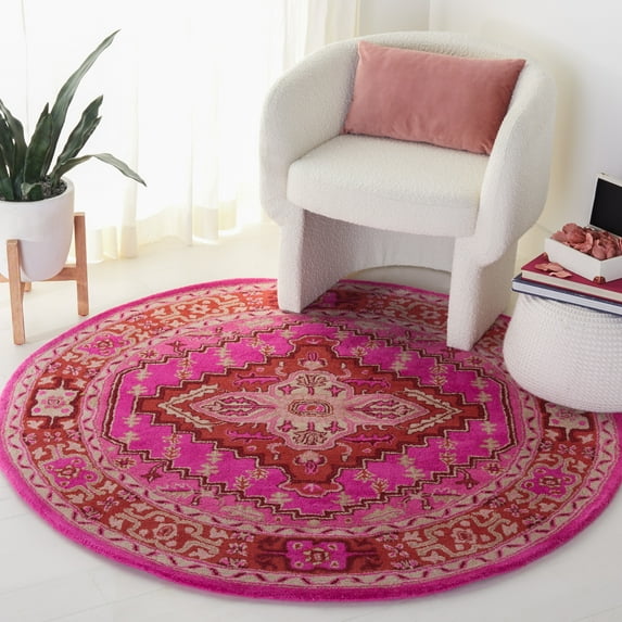 SAFAVIEH Bellagio Major Bordered Wool Area Rug, Red/Pink, 9' x 9' Round
