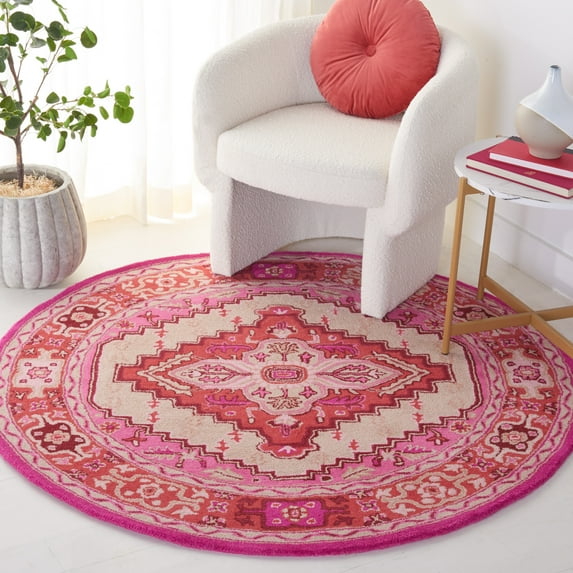 SAFAVIEH Bellagio Major Bordered Wool Area Rug, Red Pink/Ivory, 7' x 7' Round