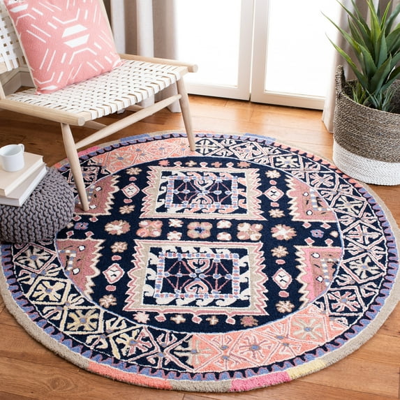 SAFAVIEH Bellagio Petar Geometric Wool Area Rug, Black/Navy, 5' x 5' Round