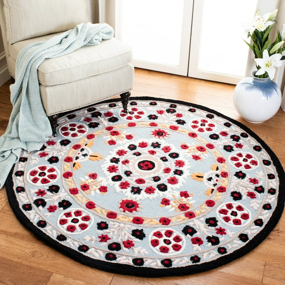 SAFAVIEH Bellagio Pinwheel Geometric Floral Wool Area Rug, Light Blue/Black, 5' x 5' Round