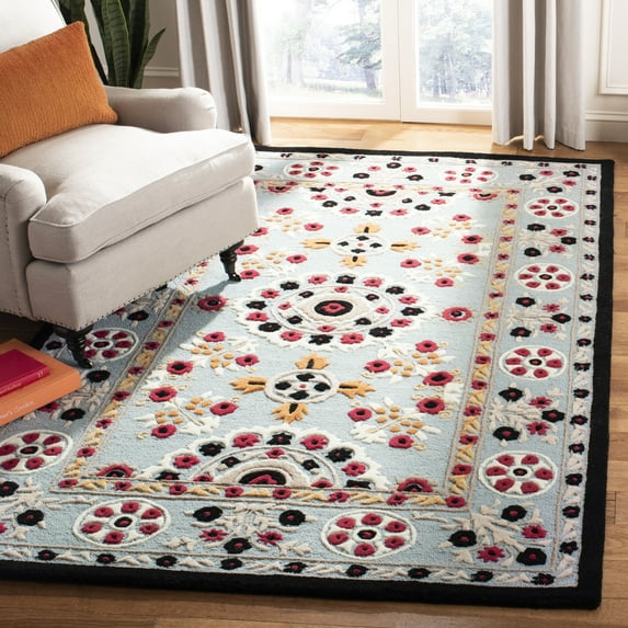 SAFAVIEH Bellagio Pinwheel Geometric Floral Wool Area Rug, Light Blue/Black, 5' x 8'