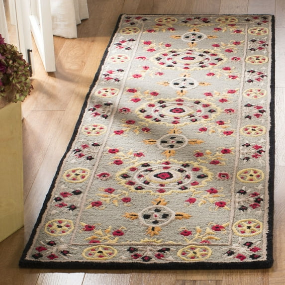 SAFAVIEH Bellagio Pinwheel Geometric Floral Wool Runner Rug, Light Gray/Black, 2'3" x 7'