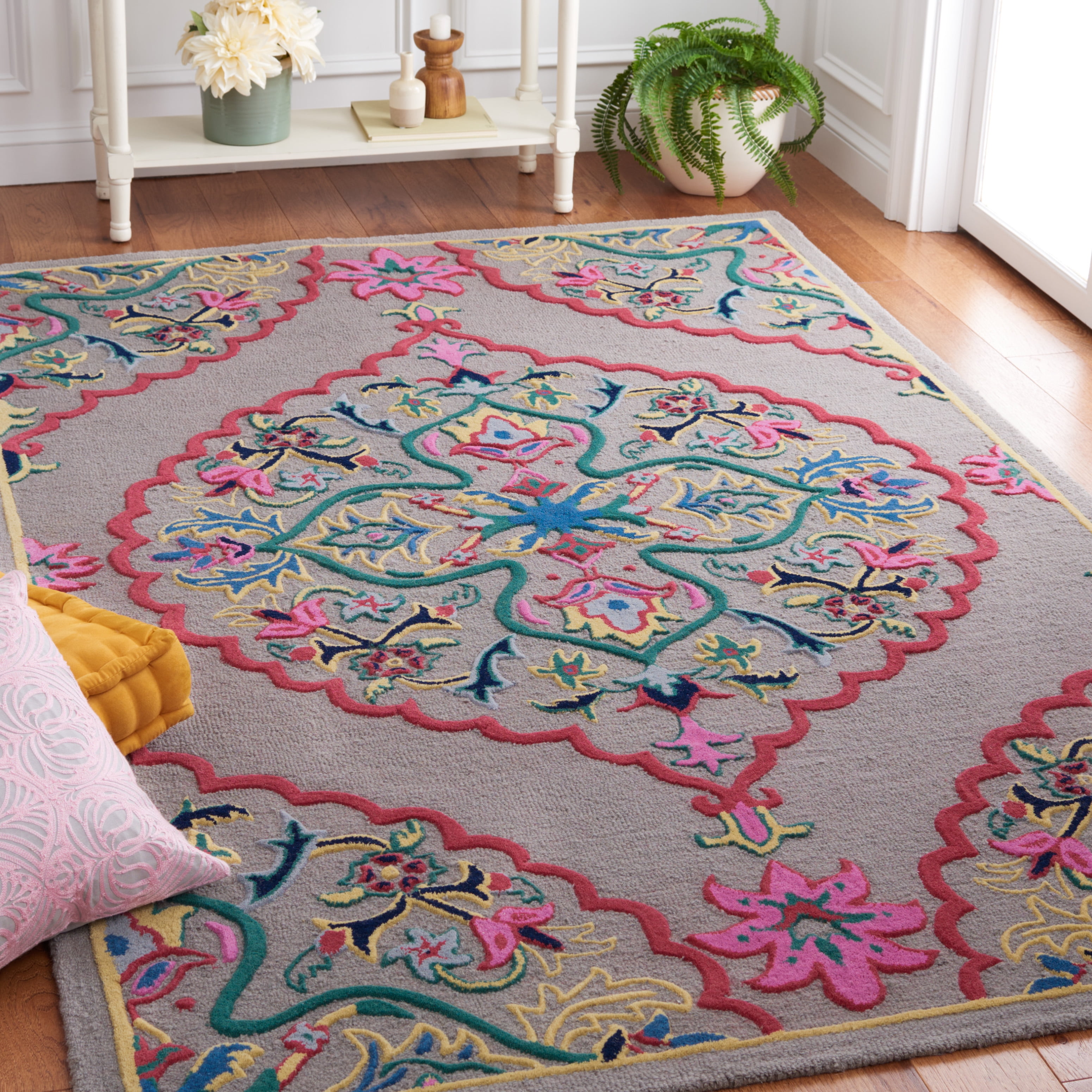 SAFAVIEH Bellagio Rio Floral Wool Area Rug, Dark Gray/Multi, 3' x 3' Square