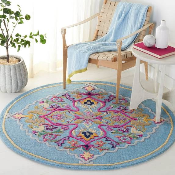 SAFAVIEH Bellagio Rio Floral Wool Area Rug, Light Blue/Multi, 7' x 7' Round