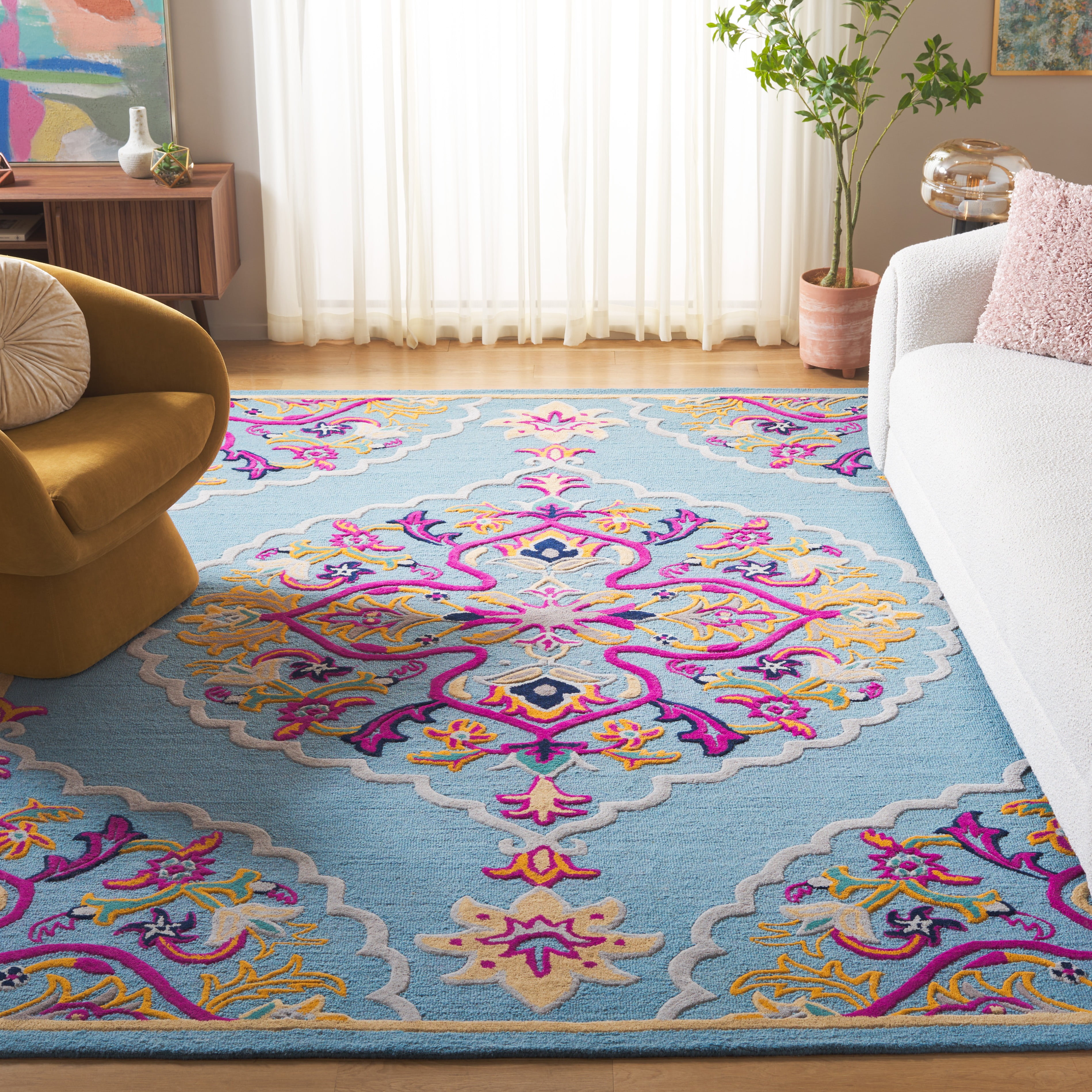SAFAVIEH Bellagio Rio Floral Wool Area Rug, Light Blue/Multi, 7' x 7' Square