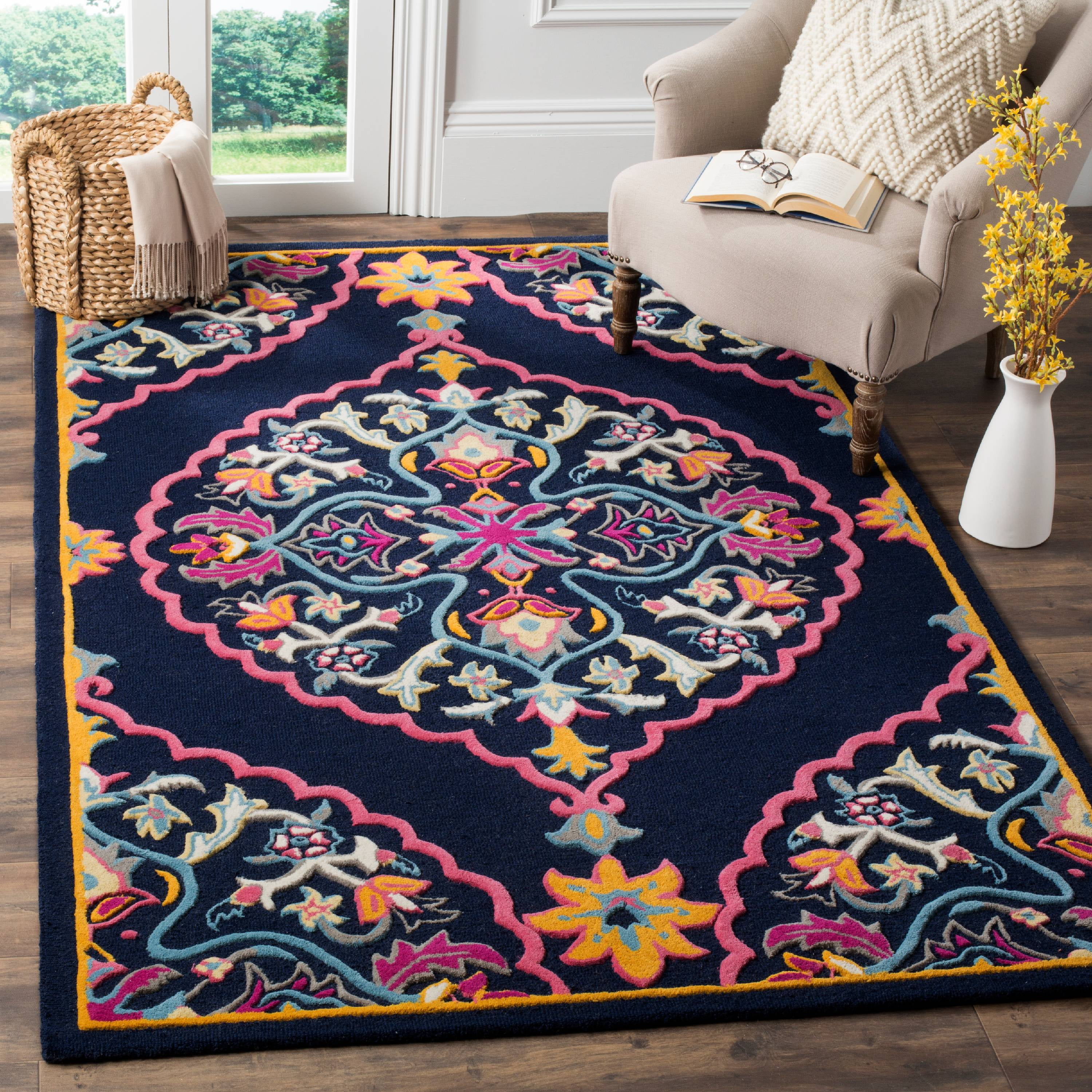 SAFAVIEH Bellagio Floral Wool Area Rug for Living Room/Bedroom, Navy ...