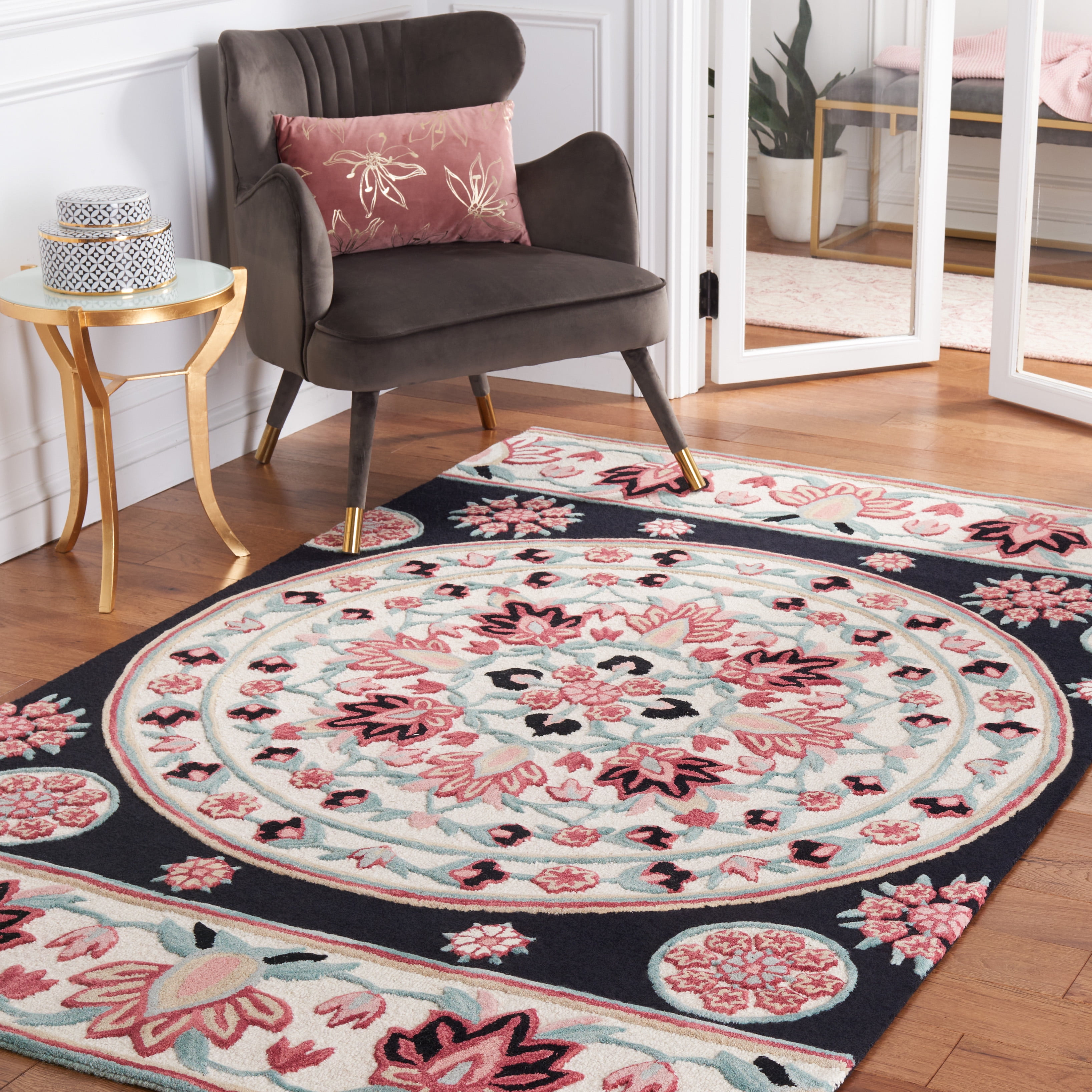 SAFAVIEH Bellagio Vanessa Floral Wool Area Rug, Black/Ivory, 4' x 6'