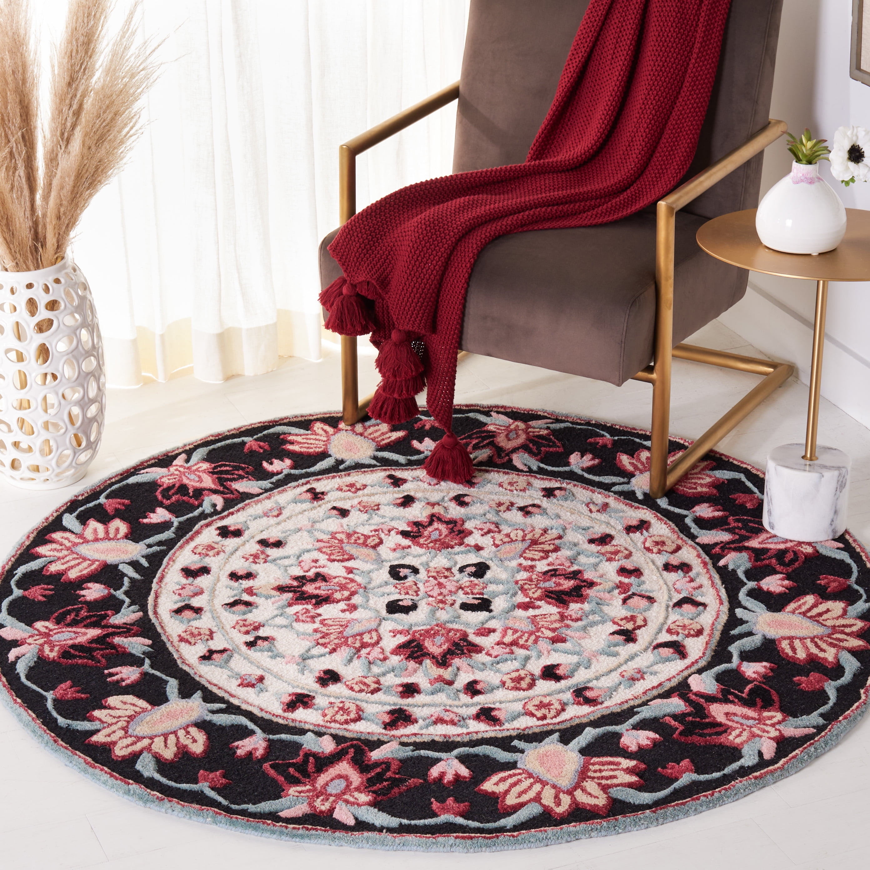 SAFAVIEH Bellagio Vanessa Floral Wool Area Rug, Black/Ivory, 5' x 5' Round