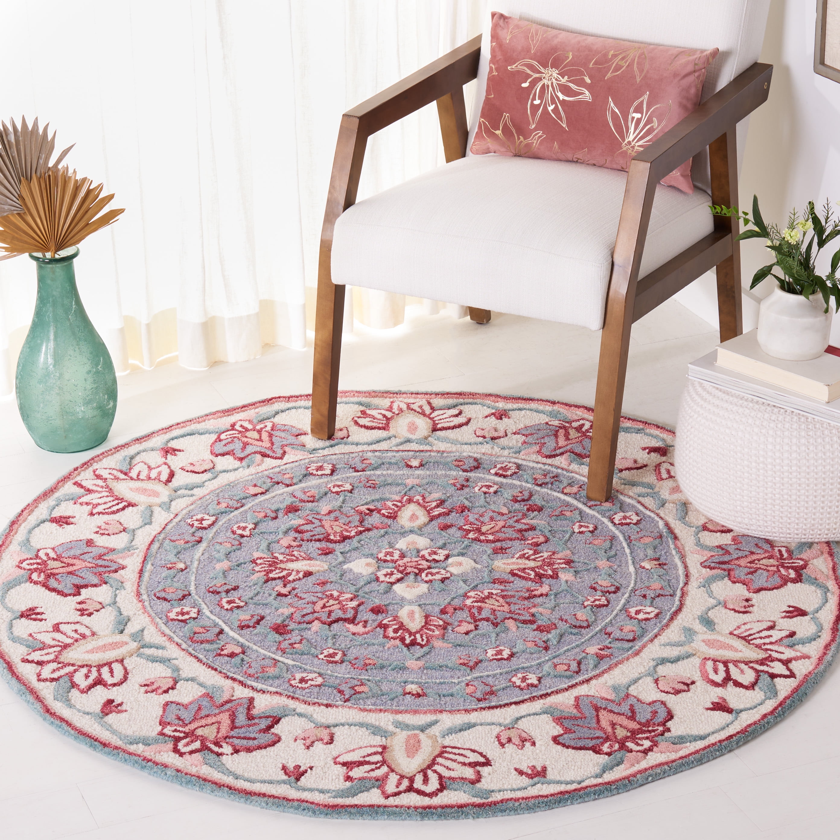 SAFAVIEH Bellagio Vanessa Floral Wool Area Rug, Dark Gray/Ivory, 5' x 5' Round