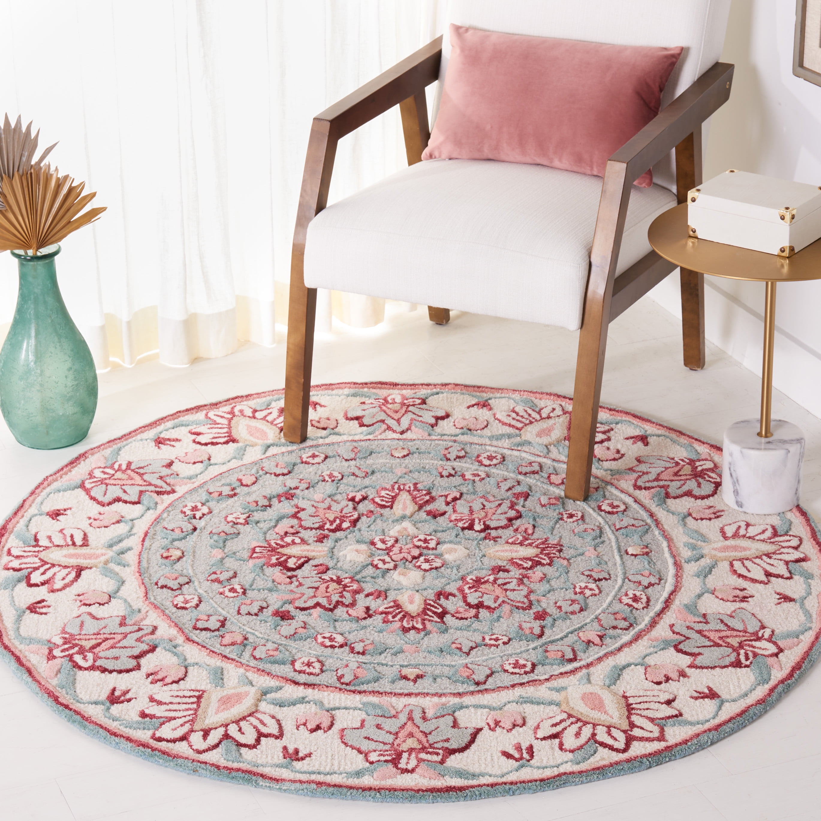 SAFAVIEH Bellagio Vanessa Floral Wool Area Rug, Light Gray/Ivory, 5' x 5' Round