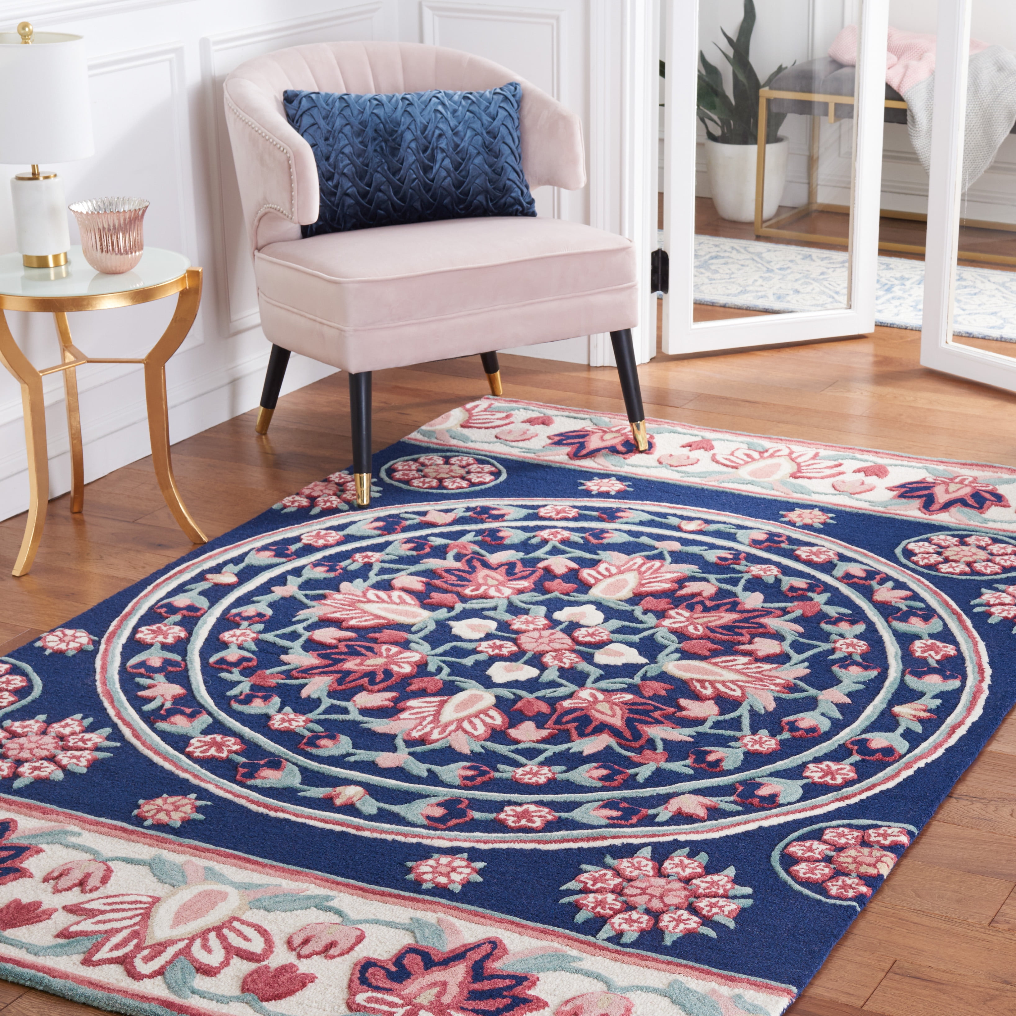 SAFAVIEH Bellagio Vanessa Floral Wool Area Rug, Navy/Ivory, 5' x 5' Square