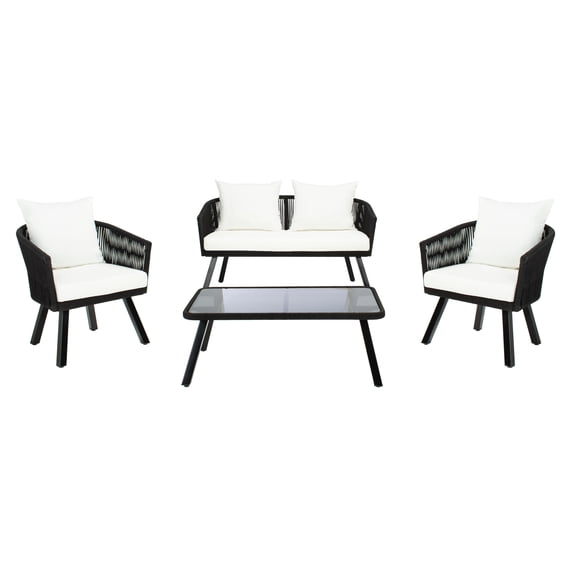 SAFAVIEH Belmi Outdoor Patio 4 Piece Conversation Set, Black/Beige