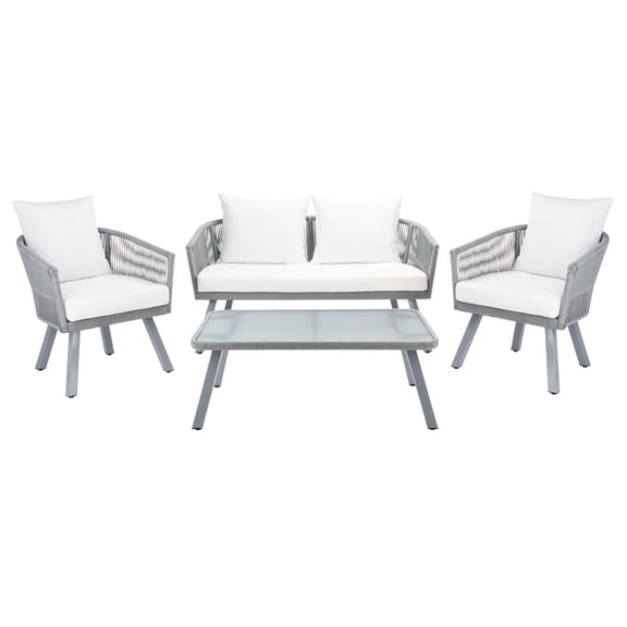 SAFAVIEH Belmi Outdoor Patio 4 Piece Conversation Set, Grey/Beige