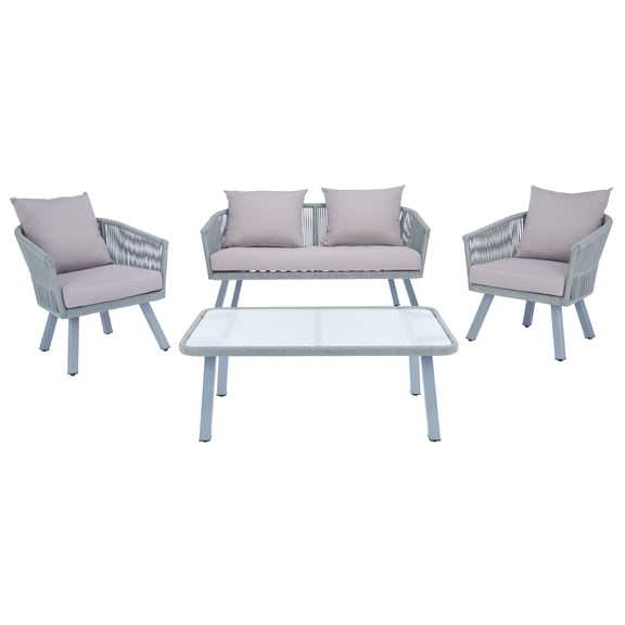 SAFAVIEH Belmi Outdoor Patio 4 Piece Conversation Set, Grey