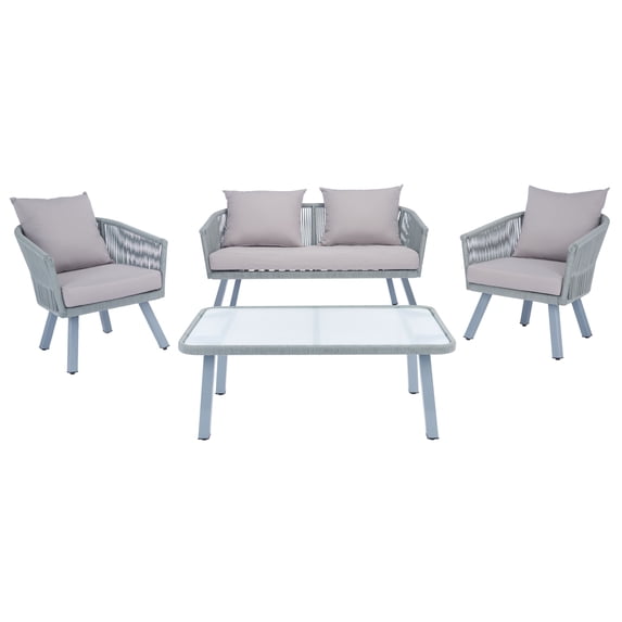SAFAVIEH Belmi Outdoor Patio 4 Piece Conversation Set, Grey