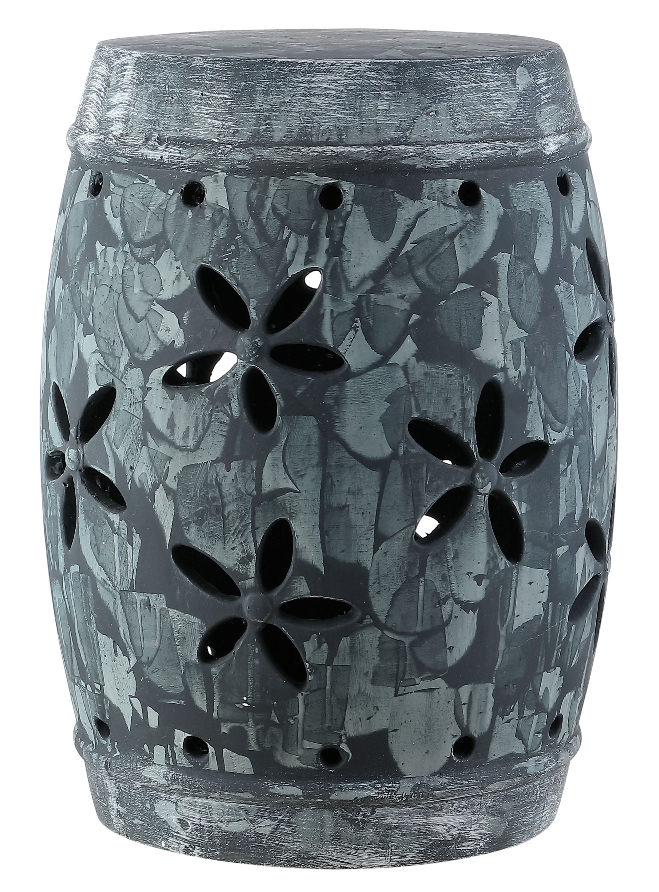 Antiqued Grey Floral Cut-Out Ceramic Garden Stool