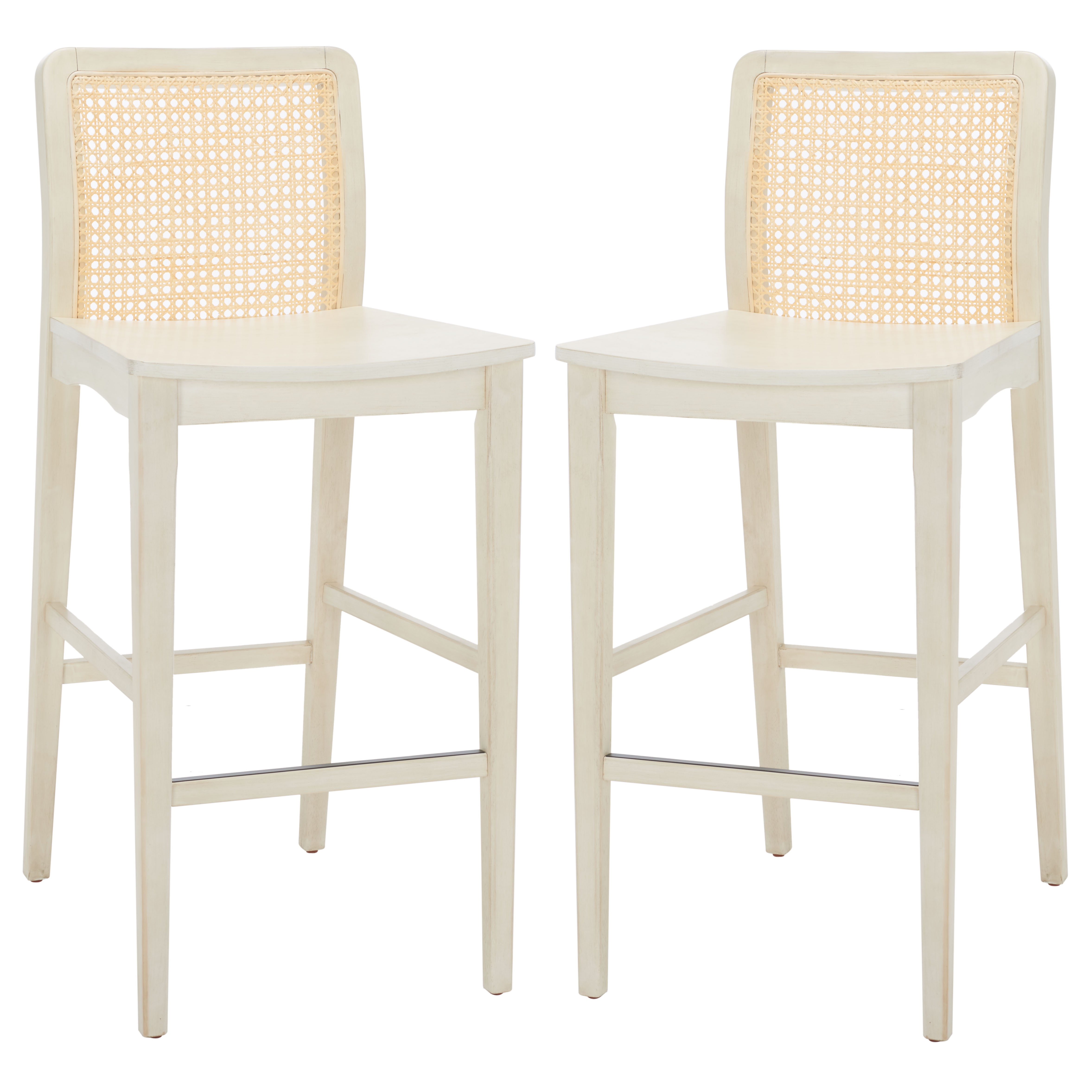 Benicio White and Natural Rubberwood Rattan Bar Stools, Set of 2