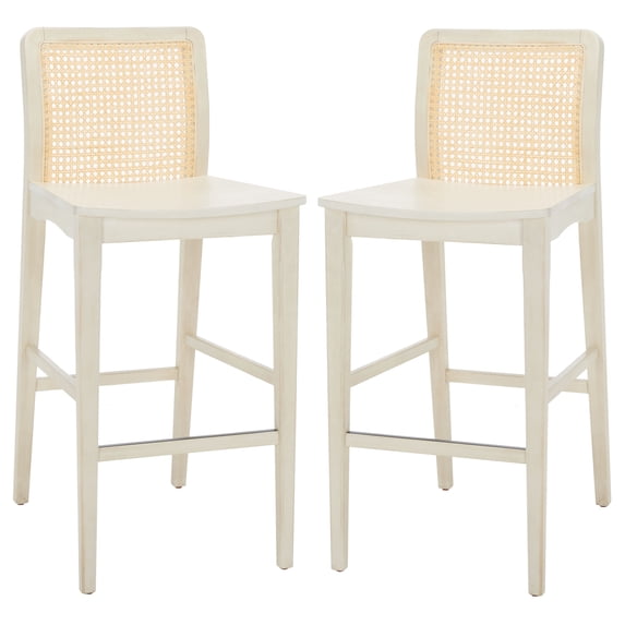 SAFAVIEH Benicio 42" Rattan Bar Stool, White Body/Natural Back Rest, Set of 2