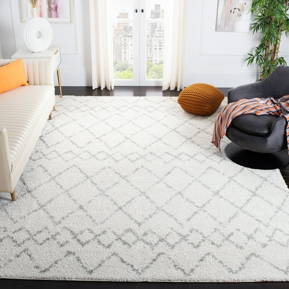 SAFAVIEH Berber Feride Geometric Shag Area Rug, Cream/Light Gray, 10' x 14'