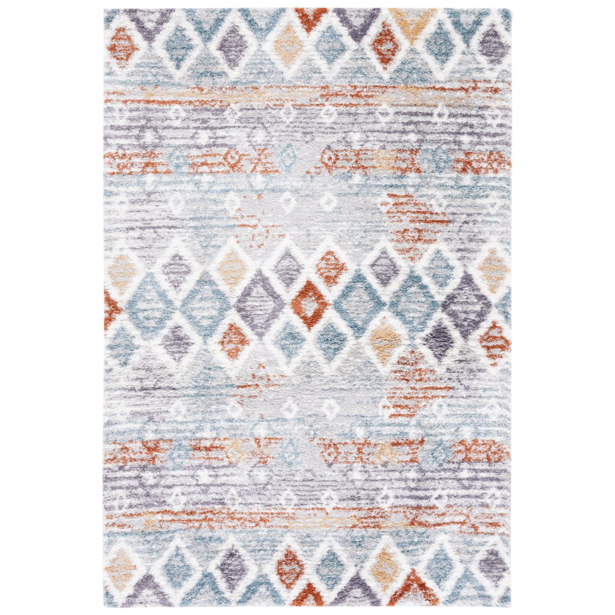 Ivory and Blue Synthetic Shag Area Rug, 7' Square