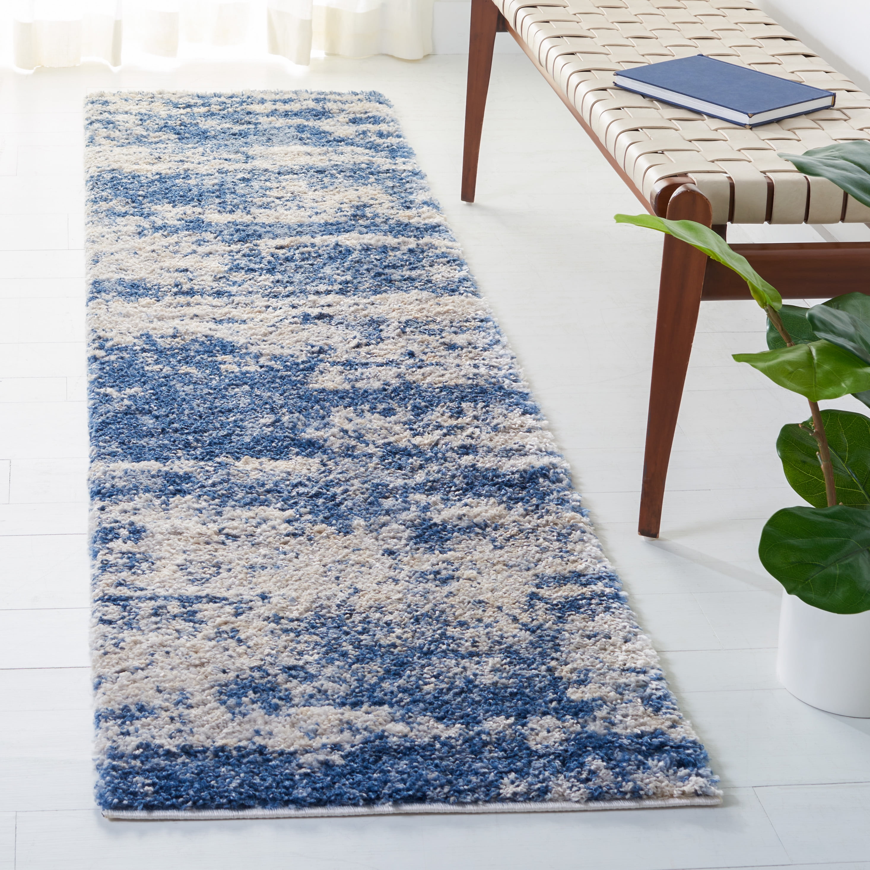 SAFAVIEH Berber Damian Abstract Shag Runner Rug, Beige/Blue, 2' x 16'