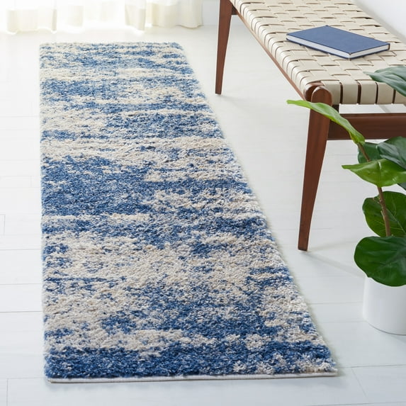 SAFAVIEH Berber Damian Abstract Shag Runner Rug, Beige/Blue, 2' x 16'