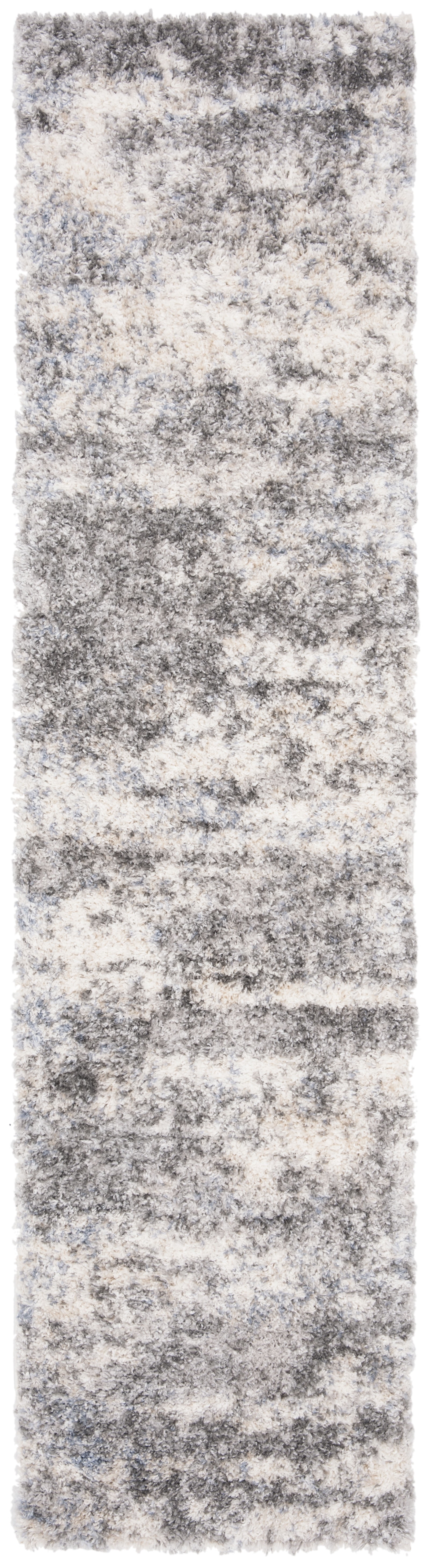 Grey and Cream Synthetic Shag Runner Rug, 2' x 14'