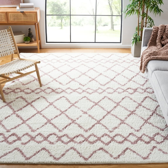 SAFAVIEH Berber Feride Geometric Shag Area Rug, Ivory/Light Rose, 6'7" x 6'7" Square
