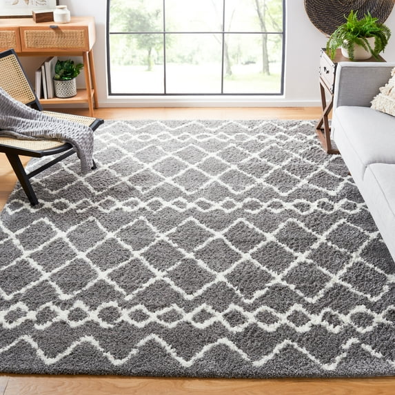 SAFAVIEH Berber Feride Geometric Shag Area Rug, Light Gray/Cream, 6'7" x 6'7" Square