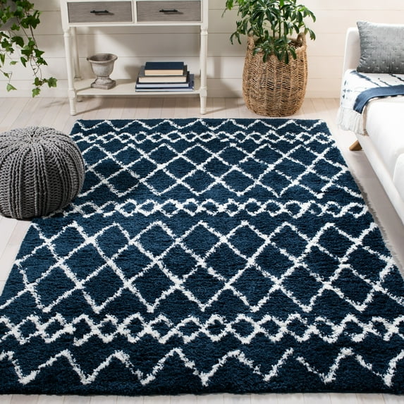 SAFAVIEH Berber Feride Geometric Shag Area Rug, Navy/Ivory, 5'1" x 7'6"