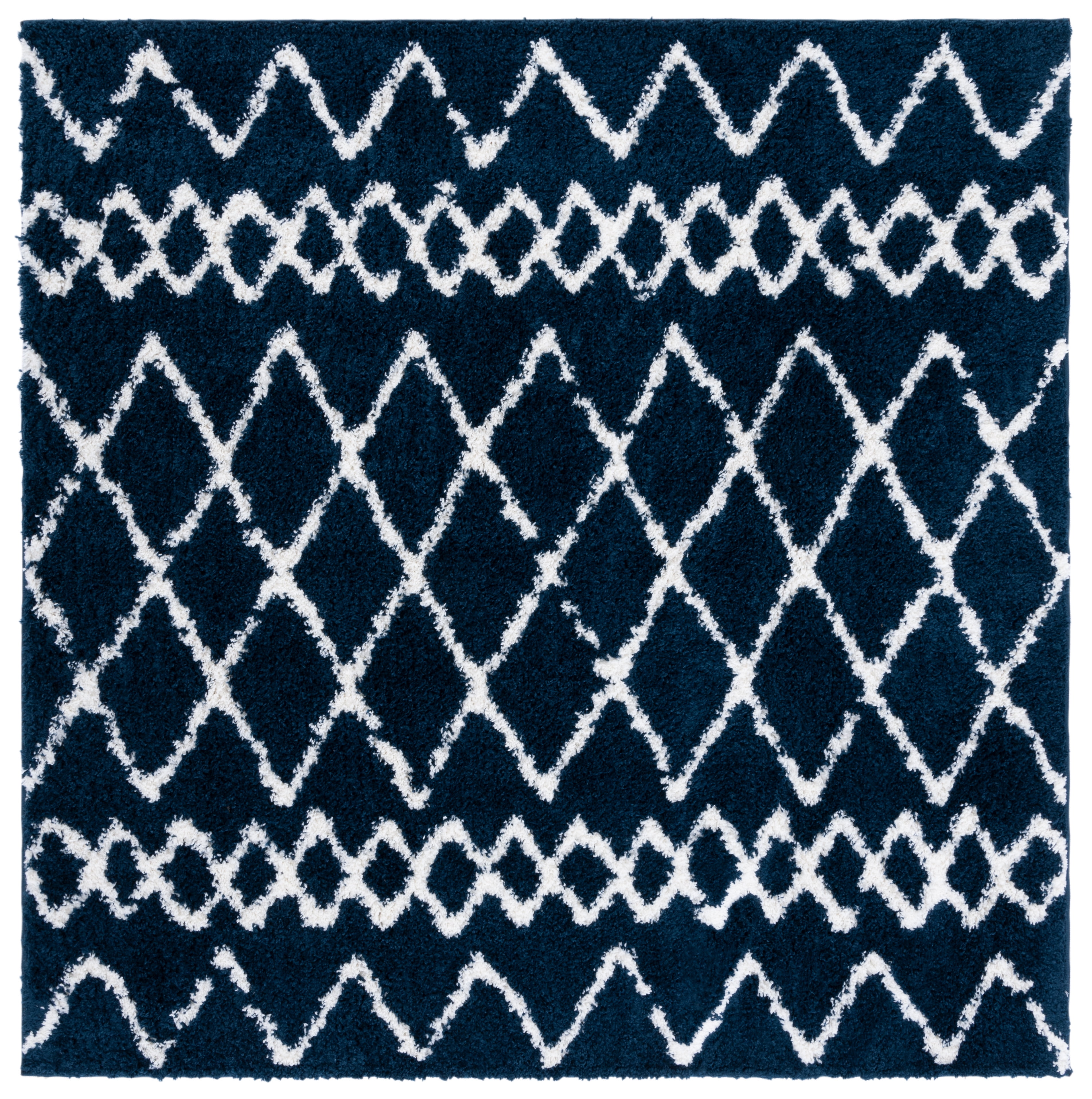 Ivory and Navy Square Shag Rug with Tribal Design