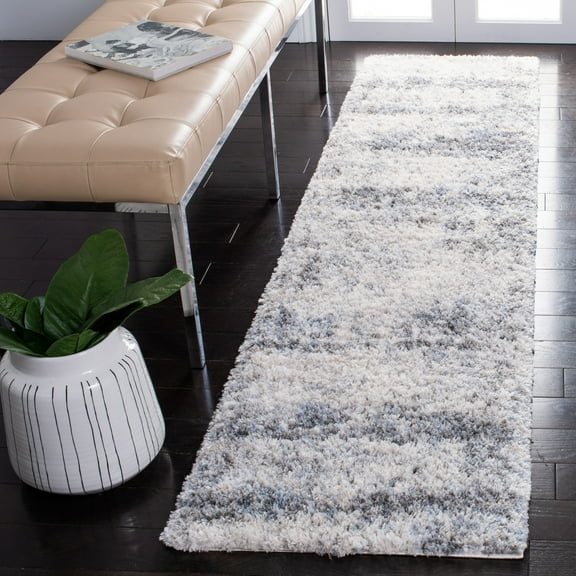 SAFAVIEH Berber Floella Abstract Shag Runner Rug, Ivory/Charcoal, 2' x 8'