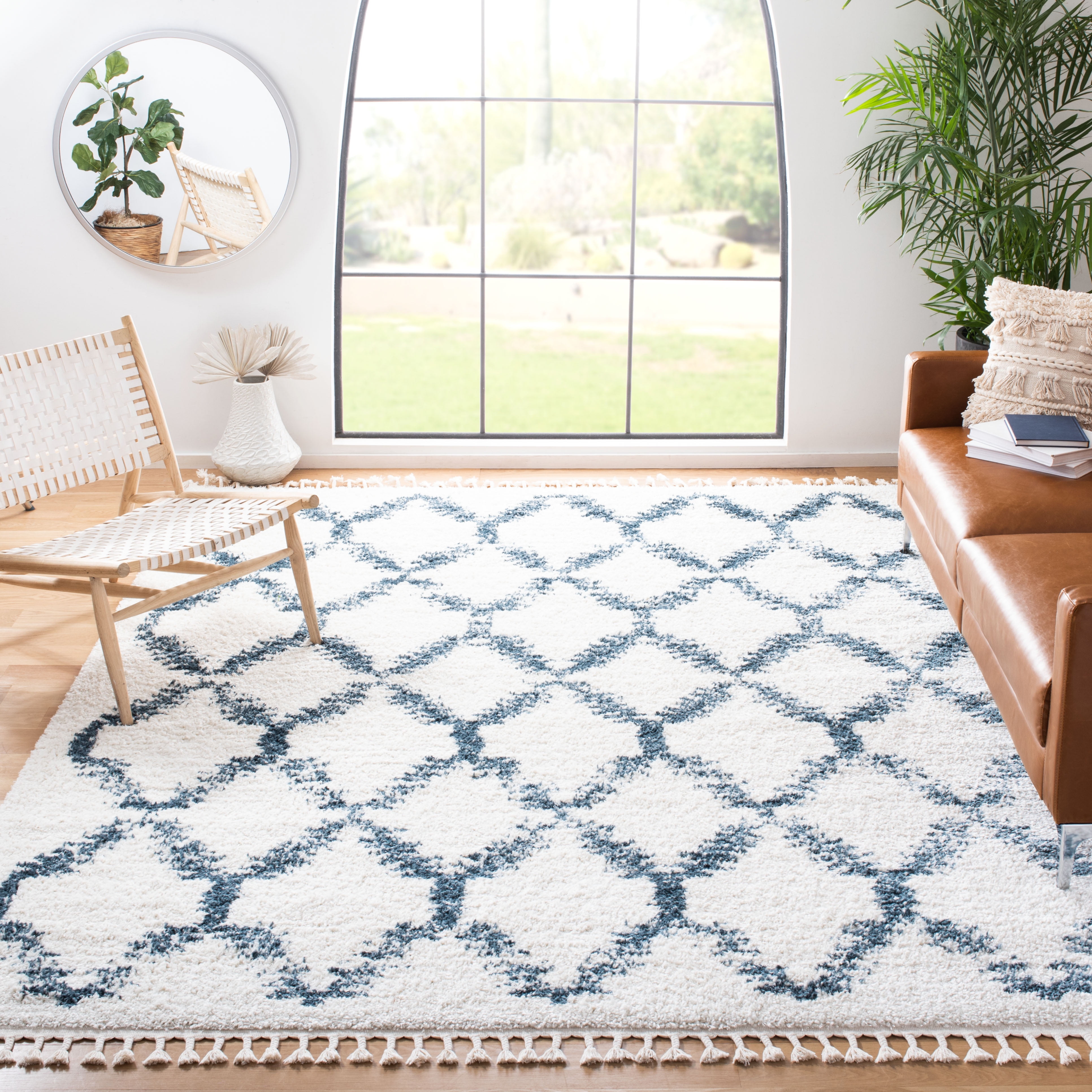 SAFAVIEH Berber Fringe Amable Geometric Shag Area Rug, Cream/Blue, 9' x 12'