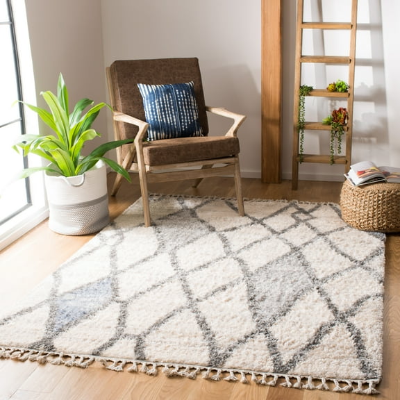 SAFAVIEH Berber Fringe Amyas Geometric Shag Area Rug, Cream/Blue, 9' x 12'