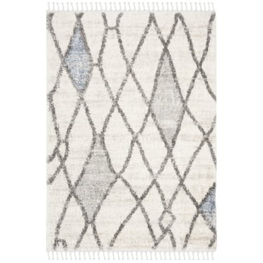 SAFAVIEH Berber Fringe Amyas Geometric Shag Area Rug, Cream/Blue, 9' x 12'