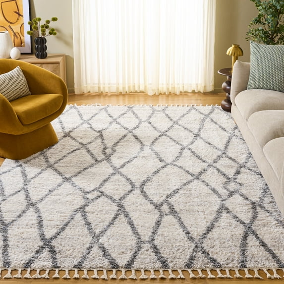 SAFAVIEH Berber Fringe Amyas Geometric Shag Area Rug, Creme/Black, 9' x 12'