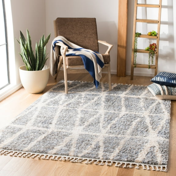 SAFAVIEH Berber Fringe August Geometric Shag Area Rug, Gray/Cream, 9' x 12'