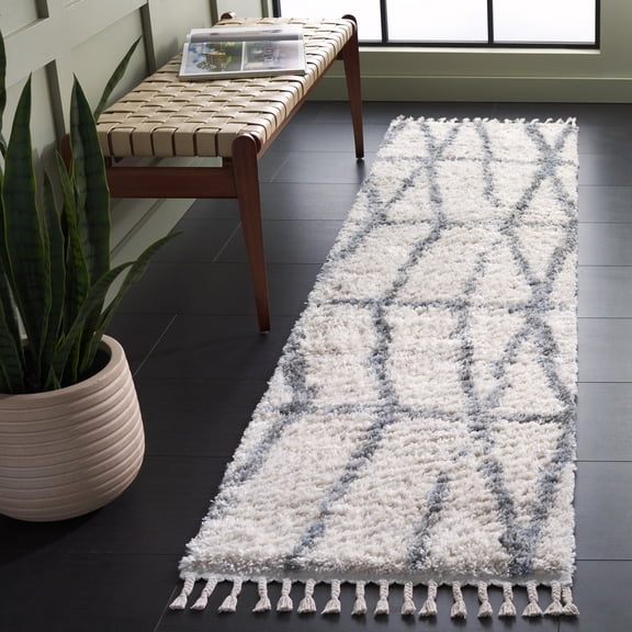 SAFAVIEH Berber Fringe August Geometric Shag Runner Rug, Cream/Gray, 2' x 8'
