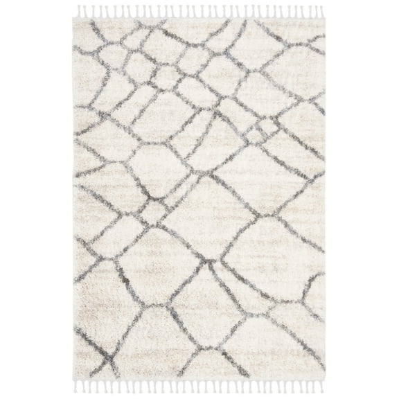 SAFAVIEH Berber Fringe Cassius Geometric Shag Area Rug, Cream/Grey, 5'3" x 7'6"