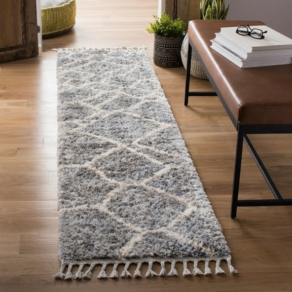 SAFAVIEH Berber Fringe Cassius Geometric Shag Runner Rug, Gray/Cream, 2' x 8'
