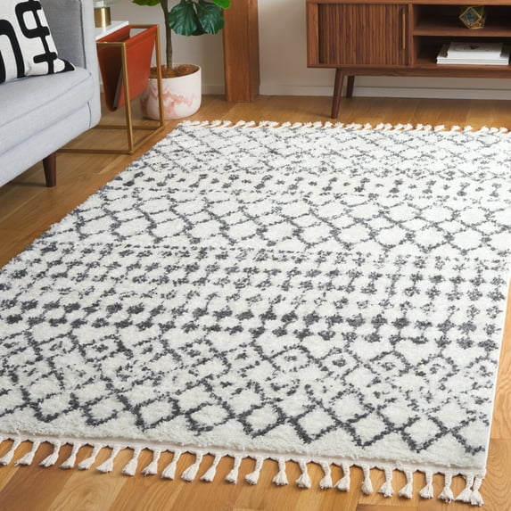 SAFAVIEH Berber Fringe Erin Aztec Shag Area Rug, Cream/Dark Gray, 5' x 5' Square