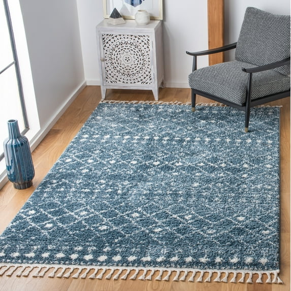 SAFAVIEH Berber Fringe Nathan Aztec Shag Area Rug, Blue/Ivory, 5'3" x 7'7"