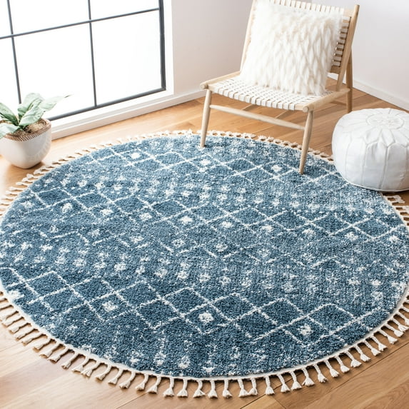 SAFAVIEH Berber Fringe Nathan Aztec Shag Area Rug, Blue/Ivory, 6'7" x 6'7" Round