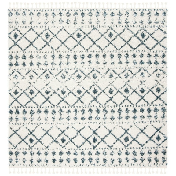 SAFAVIEH Berber Fringe Nathan Aztec Shag Area Rug, Cream/Blue, 3' x 3' Square