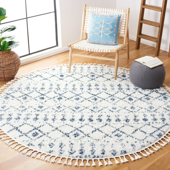 SAFAVIEH Berber Fringe Nathan Aztec Shag Area Rug, Cream/Blue, 6'7" x 6'7" Round
