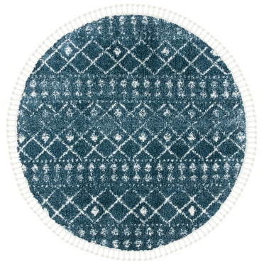 SAFAVIEH Berber Fringe Nathan Aztec Shag Area Rug, Cream/Blue, 6'7" x 6'7" Round